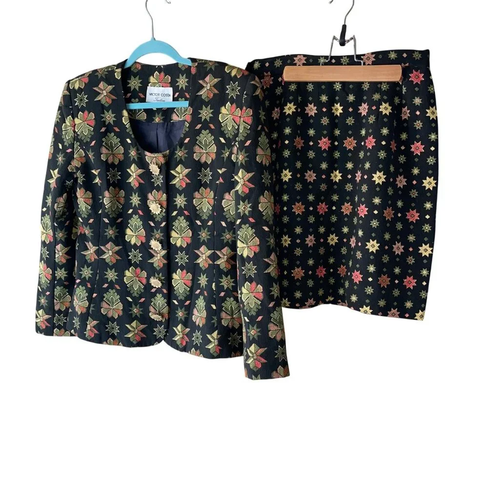 Victor Costa Vintage Womens Skirt Suit Size 10 Multicolor Brocade Star Print - Picture 16 of 16